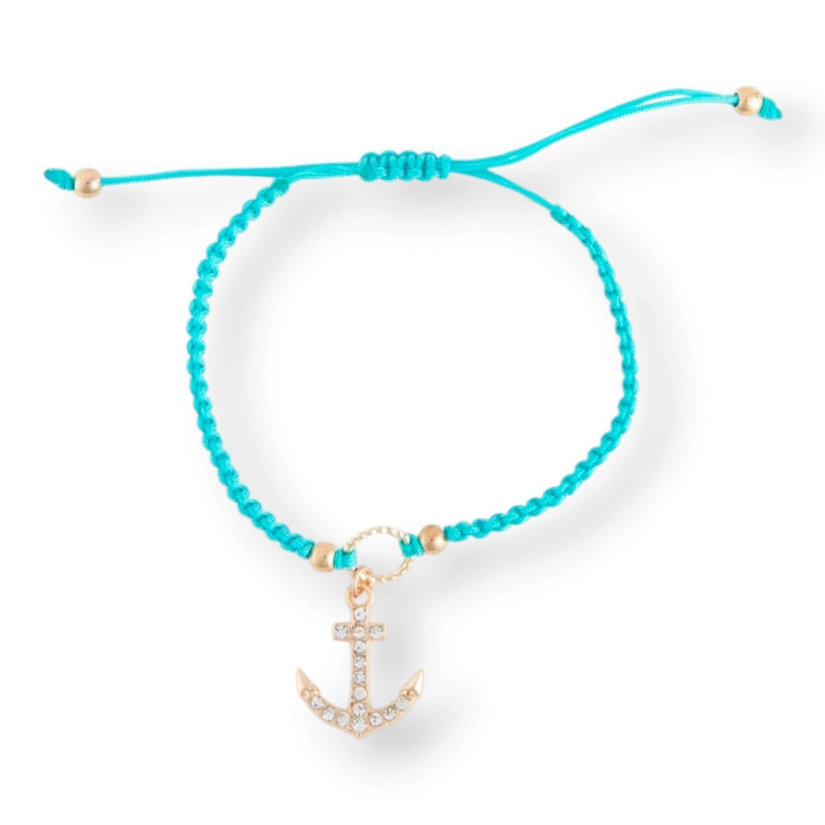 Mellow Monkey Kitt adjustable bracelet featuring a bright turquoise braided band and a gold-tone anchor charm