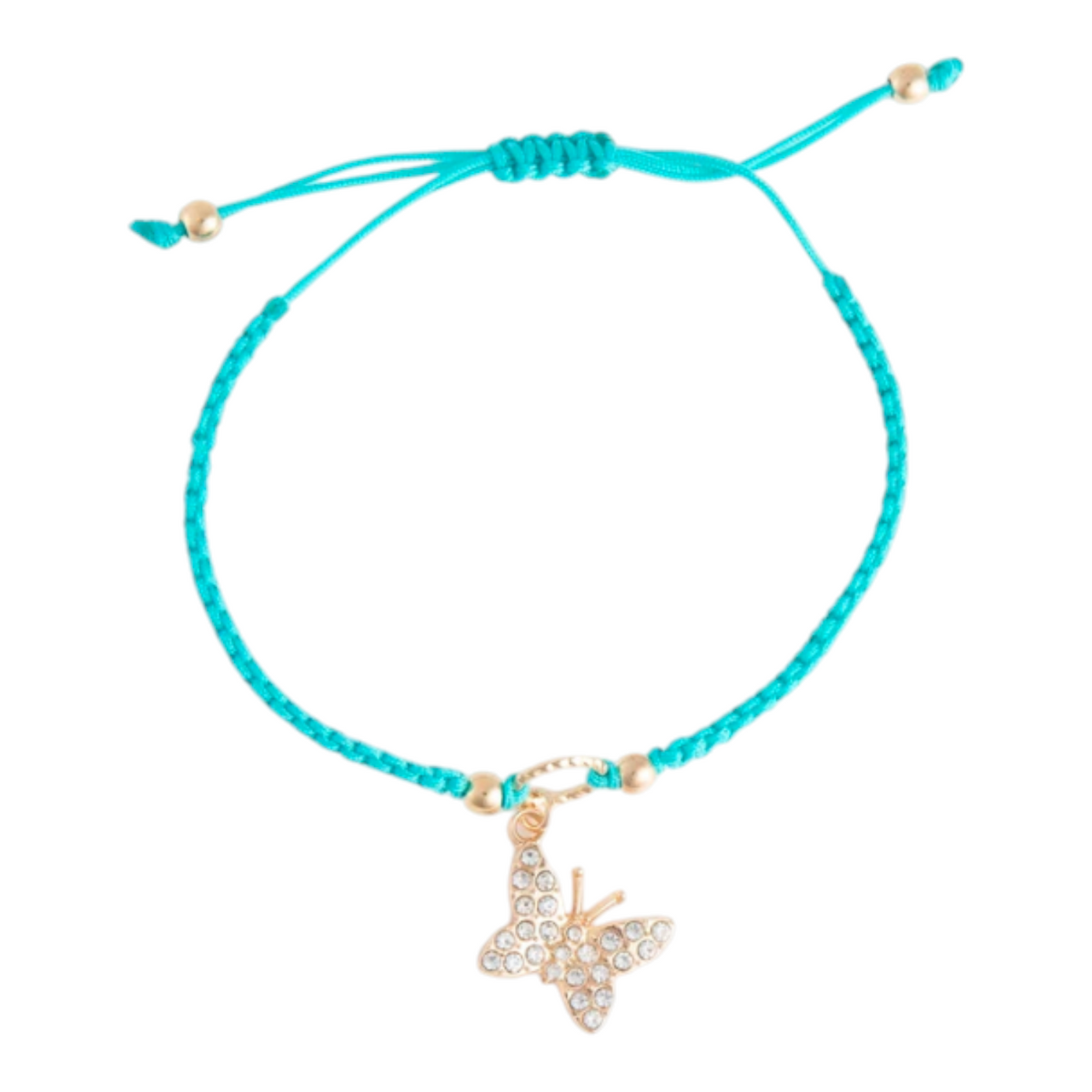 Mellow Monkey Kitt adjustable bracelet featuring a bright turquoise braided band and a gold butterfly charm with crystals