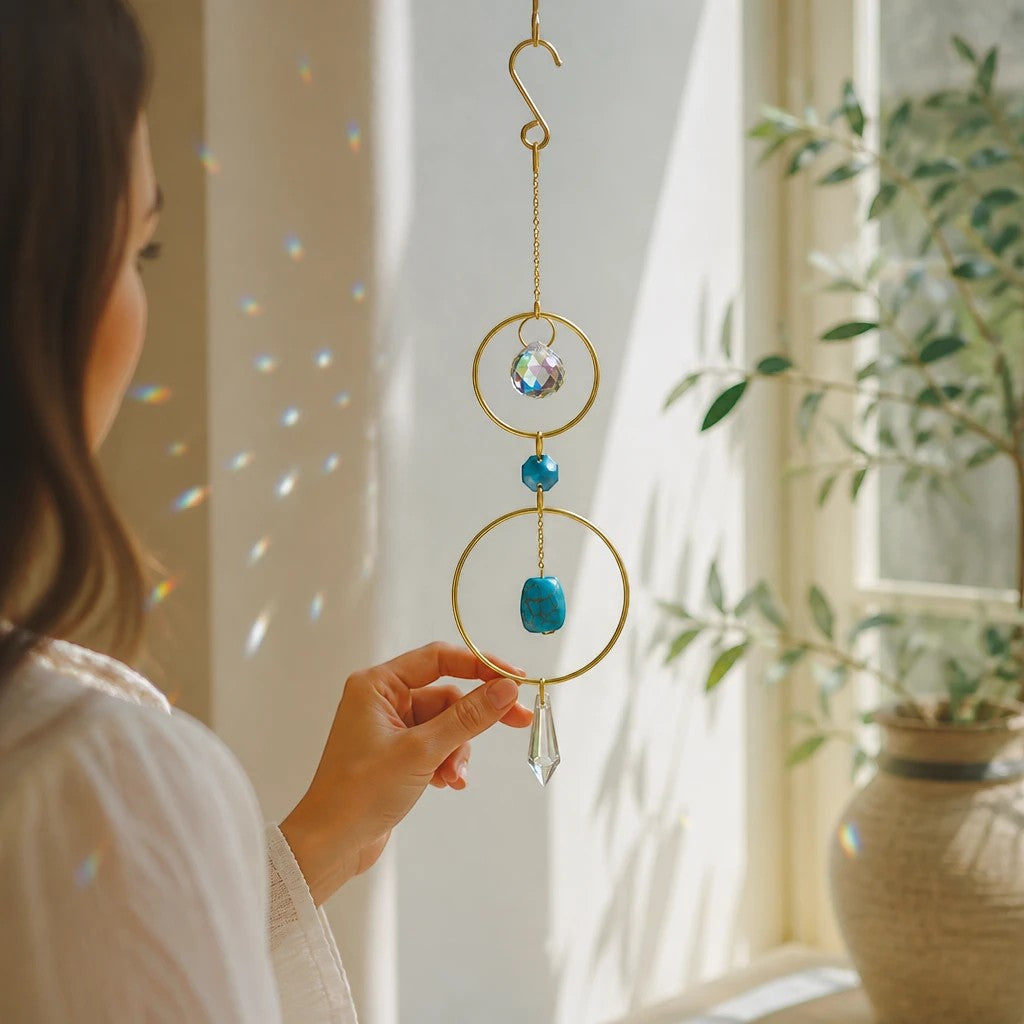 Mellow Monkey turquoise and crystal suncatcher with bronze rings hanging in a sunlit room casting light prisms.