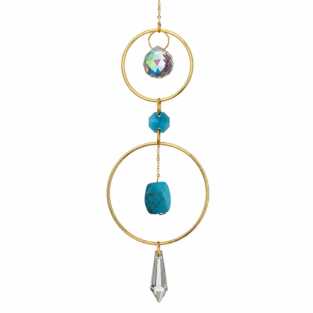 Mellow Monkey turquoise and crystal suncatcher ornament with bronze rings for window display
