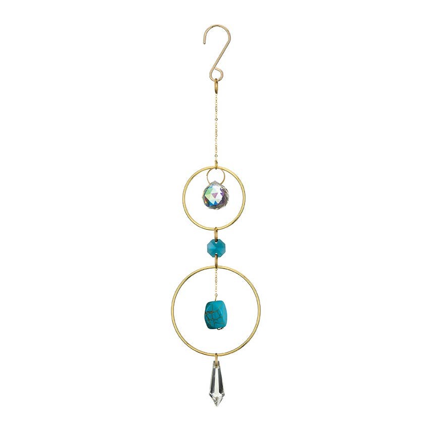 Mellow Monkey turquoise and crystal suncatcher ornament with bronze rings for window decoration