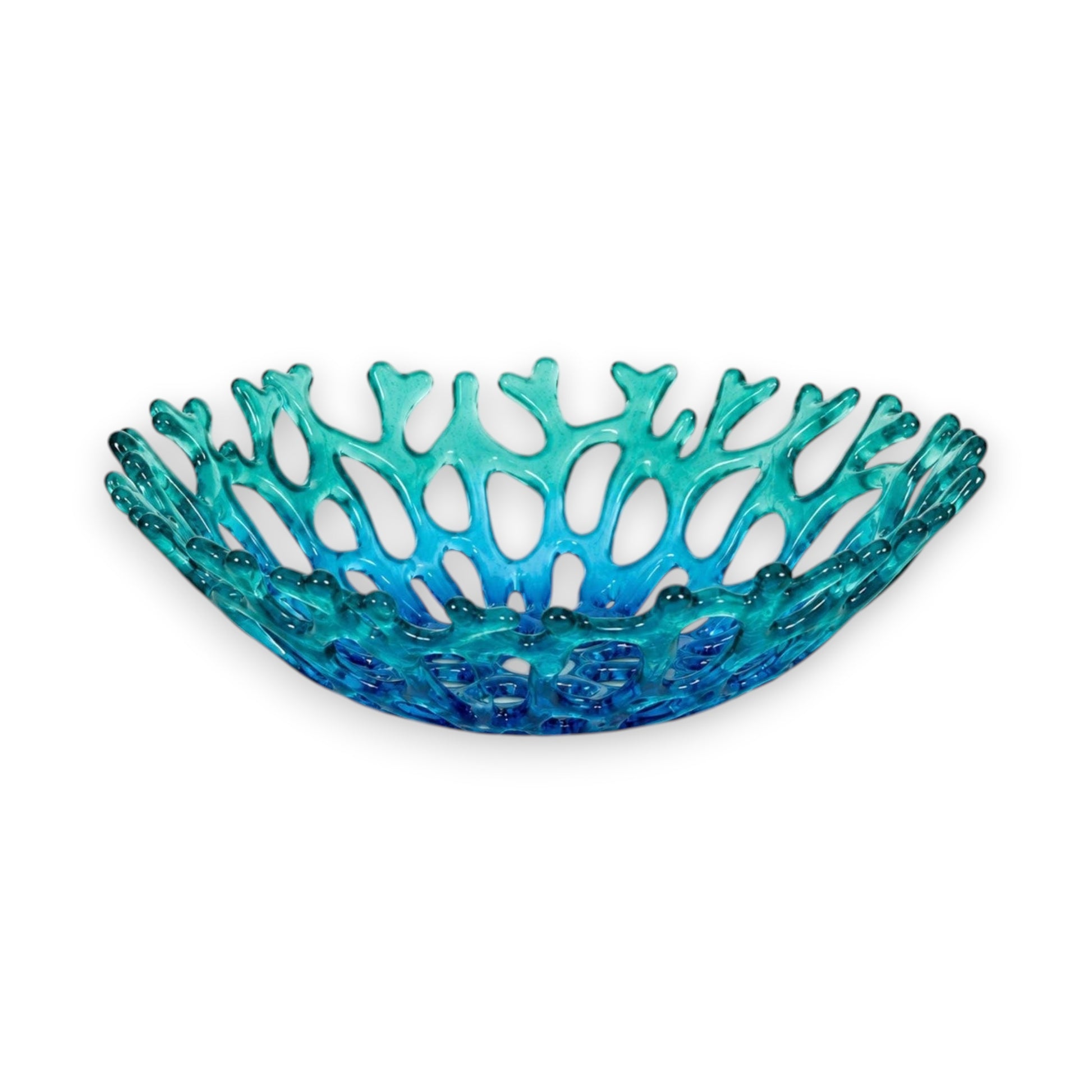 Mellow Monkey handmade turquoise glass coral bowl with an organic openwork design for coastal home decor.
