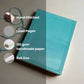 Mellow Monkey turquoise hand-stitched leather journal with debossed corners, elastic closure, and 120 gsm unlined paper. 8x6 inch size.