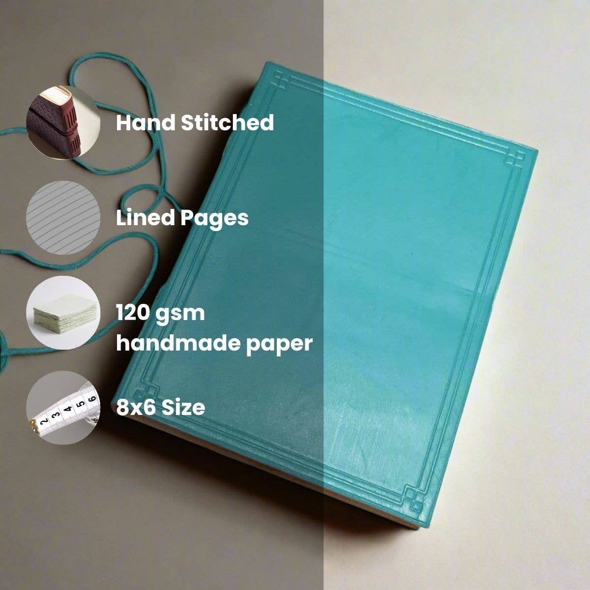 Mellow Monkey turquoise hand-stitched leather journal with debossed corners, elastic closure, and 120 gsm unlined paper. 8x6 inch size.