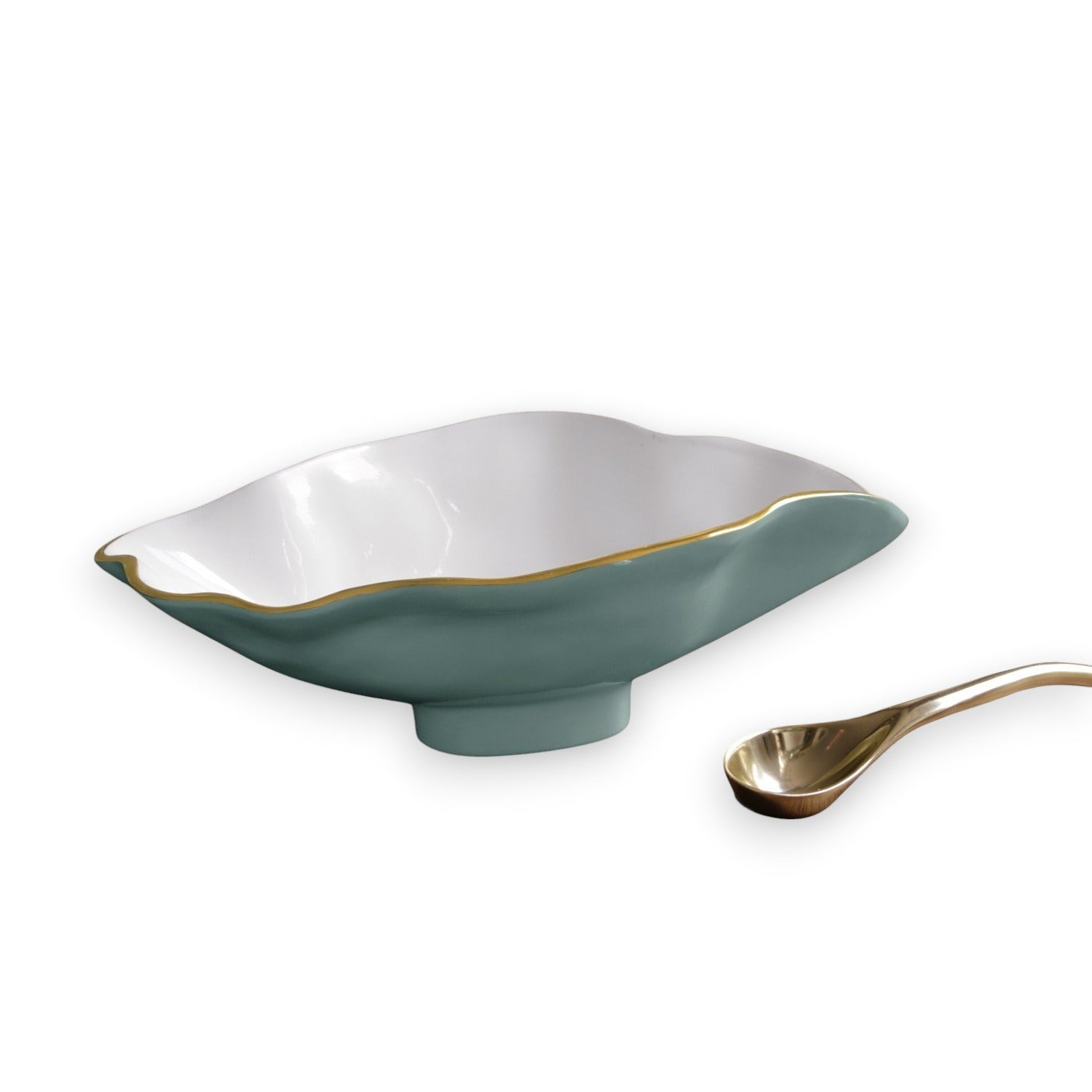 Mellow Monkey turquoise and white oval serving bowl with gold rim and matching spoon, made of aluminum alloy.