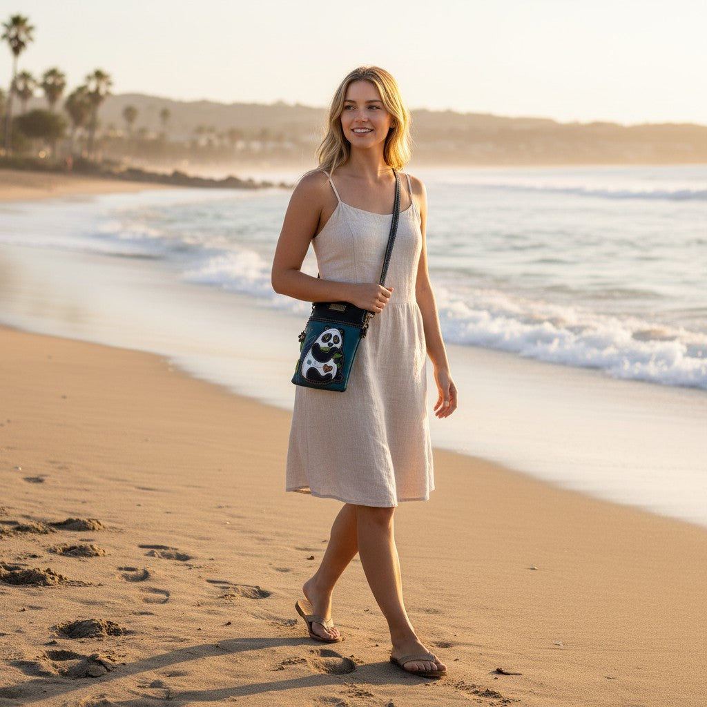 Turquoise faux leather crossbody bag with a panda design, featuring a small front pocket, adjustable strap, and starfish zipper pull. Mellow Monkey.
