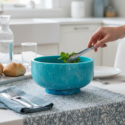 Mellow Monkey turquoise and blue resin Rio large bowl with base on a dining table with salad tongs