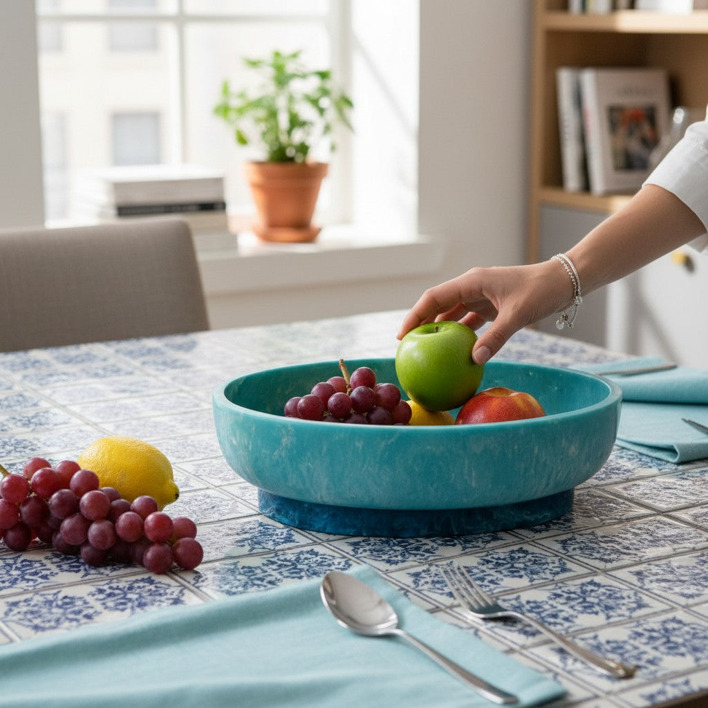 Mellow Monkey turquoise and blue resin oval bowl with base holding fresh fruit on a tiled dining table