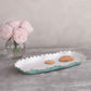 Mellow Monkey turquoise and white scalloped oblong tray with gold trim, perfect for appetizers or desserts.