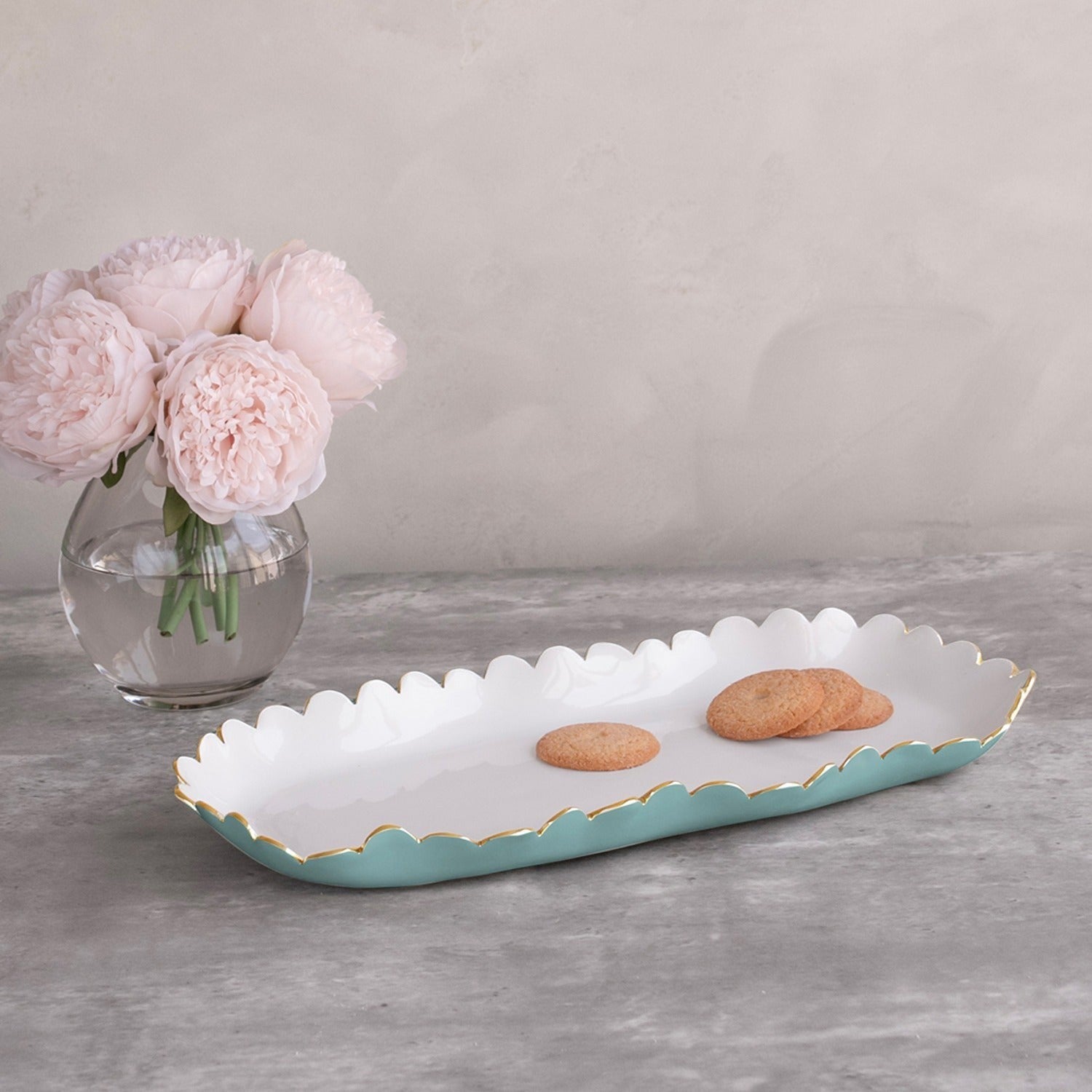 Mellow Monkey turquoise and white scalloped oblong tray with gold trim, perfect for appetizers or desserts.