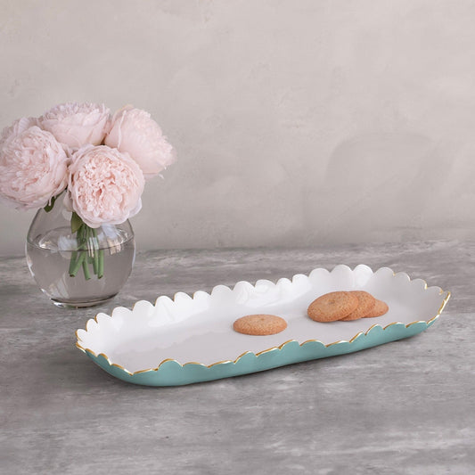Mellow Monkey turquoise and white scalloped oblong tray with gold trim, perfect for appetizers or desserts.