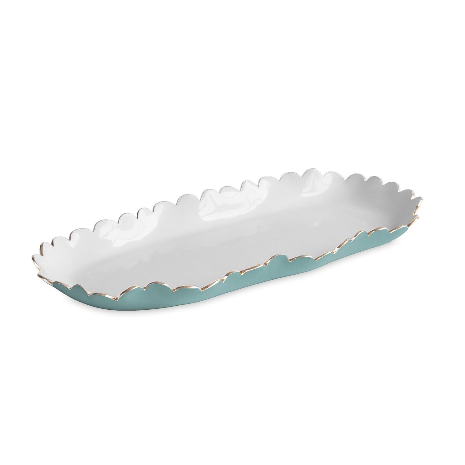 Mellow Monkey turquoise and white scalloped oblong tray, 17.5-in, made of aluminum alloy with food-safe enamel.