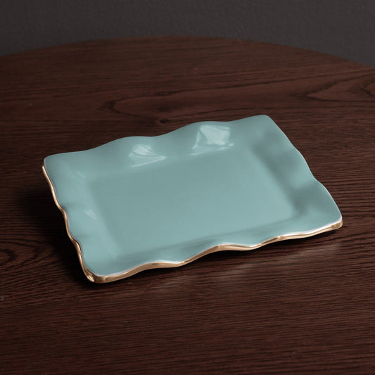 Mellow Monkey turquoise rectangular tray with wavy gold rim, 7-in, made of aluminum alloy with enamel finish.