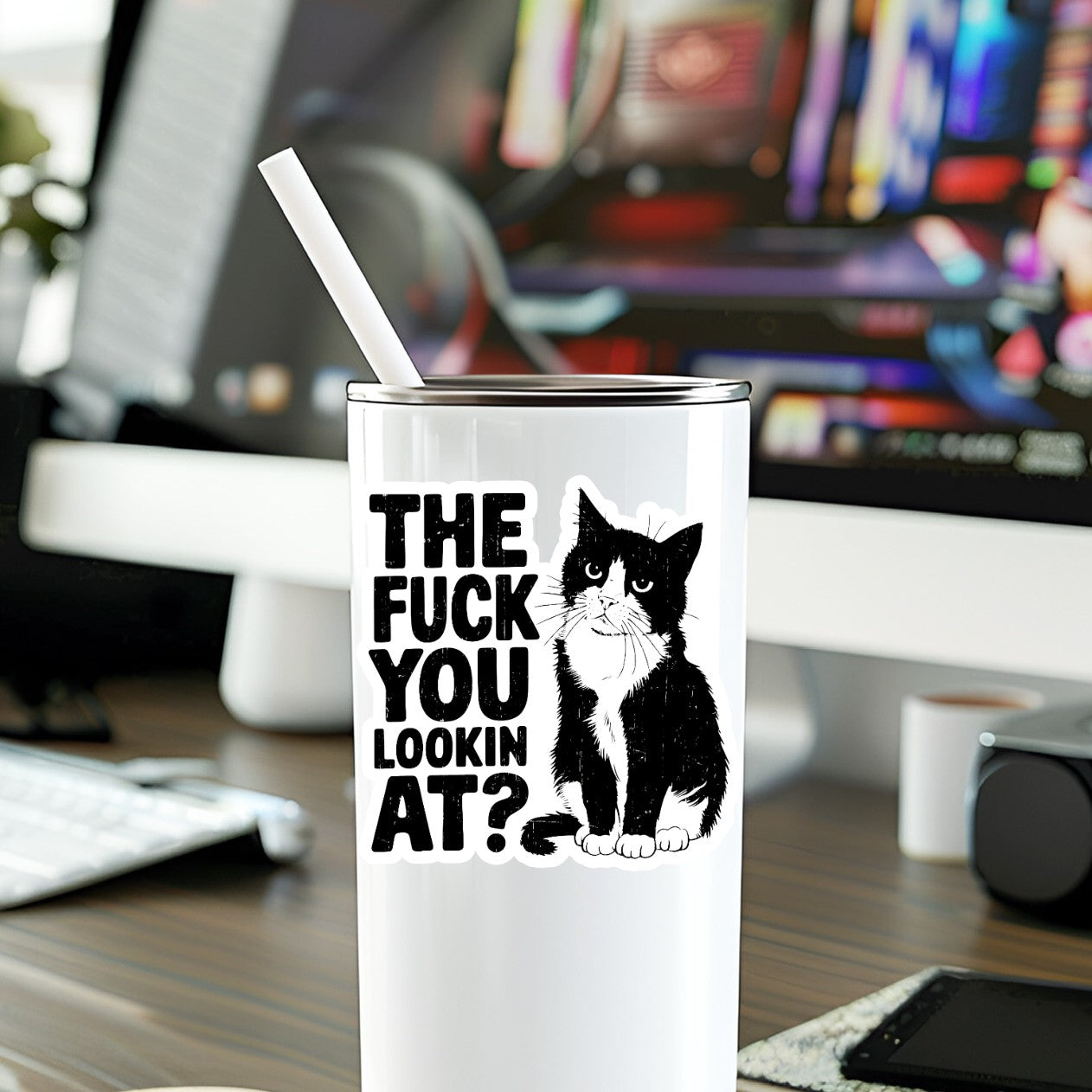 Mellow Monkey vinyl sticker on a white tumbler featuring an unimpressed tuxedo cat with bold text on a desk.