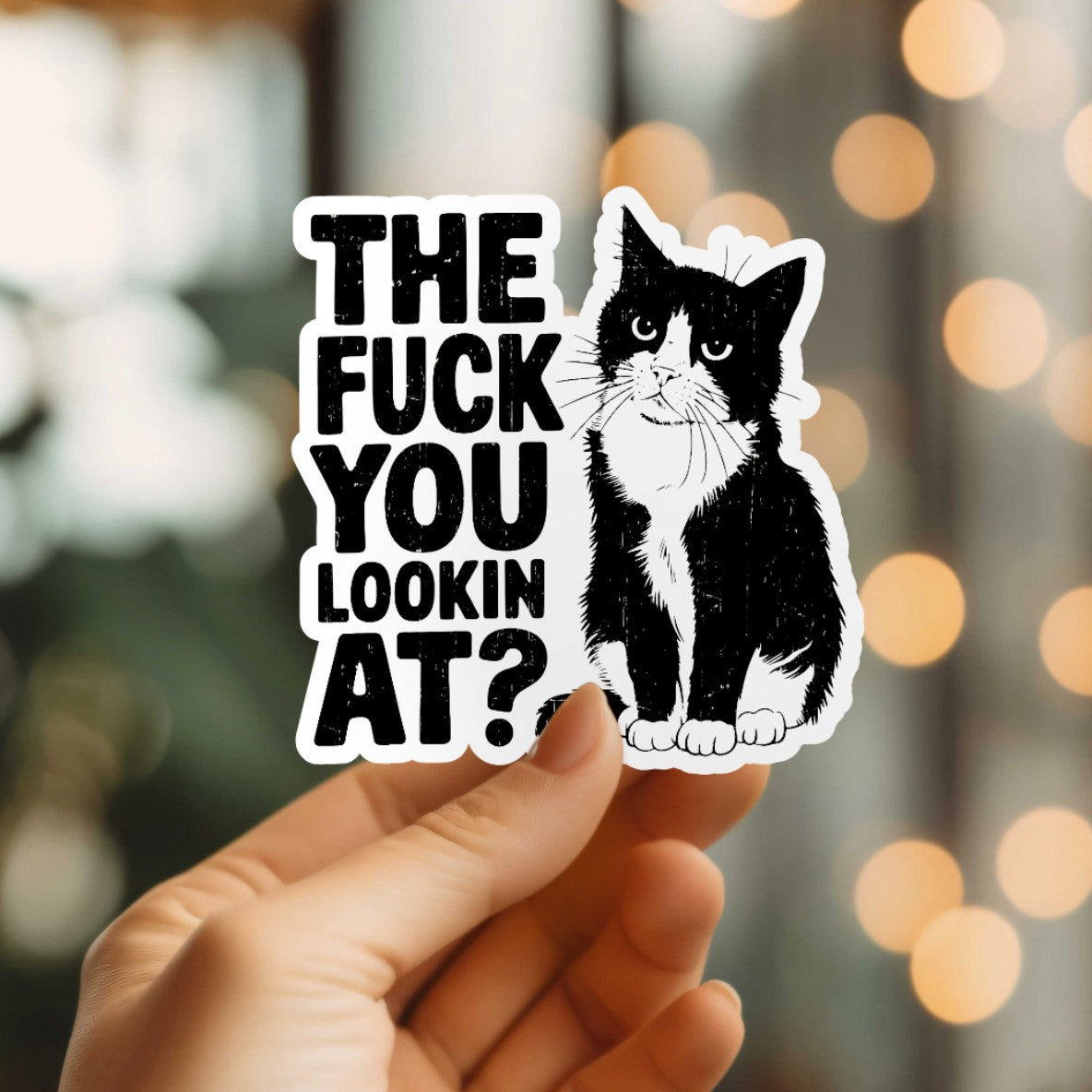 Mellow Monkey vinyl sticker featuring a grumpy black and white tuxedo cat with the text The Fuck You Lookin At