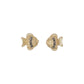 Mellow Monkey two-tone sea life stud earrings featuring gold starfish, silver seashells, and gold fish with crystals.