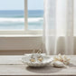 Mellow Monkey two-tone linked starfish earrings in a white shell dish on a wooden table with ocean view background.