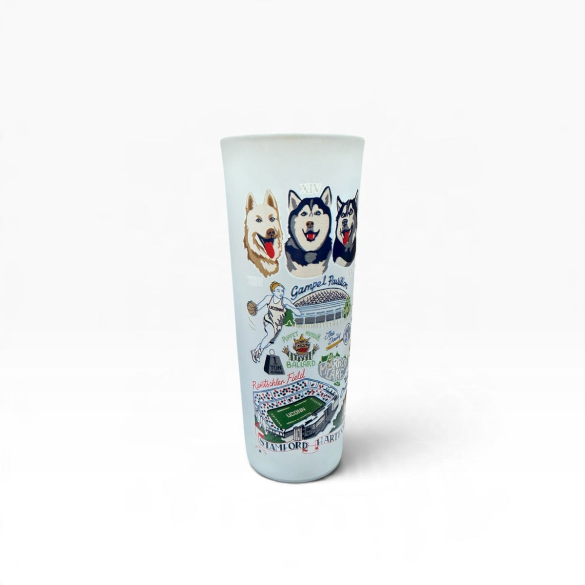 Mellow Monkey Catstudio UConn 2-oz frosted glass featuring husky mascots and university landmarks