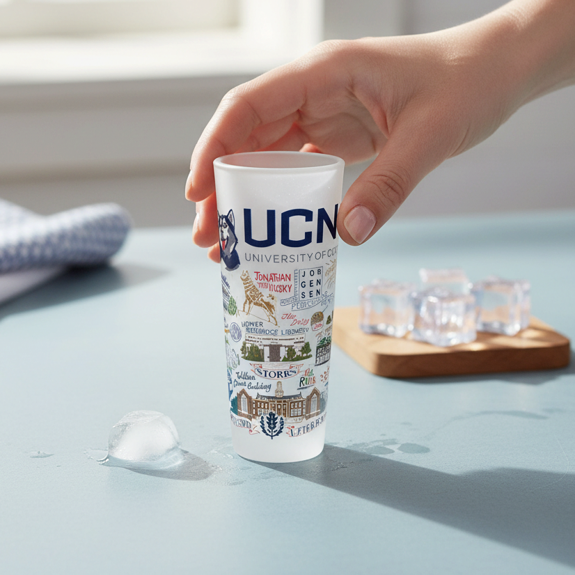 Mellow Monkey Catstudio University of Connecticut 2-oz frosted glass shot glass held by a hand on a blue table