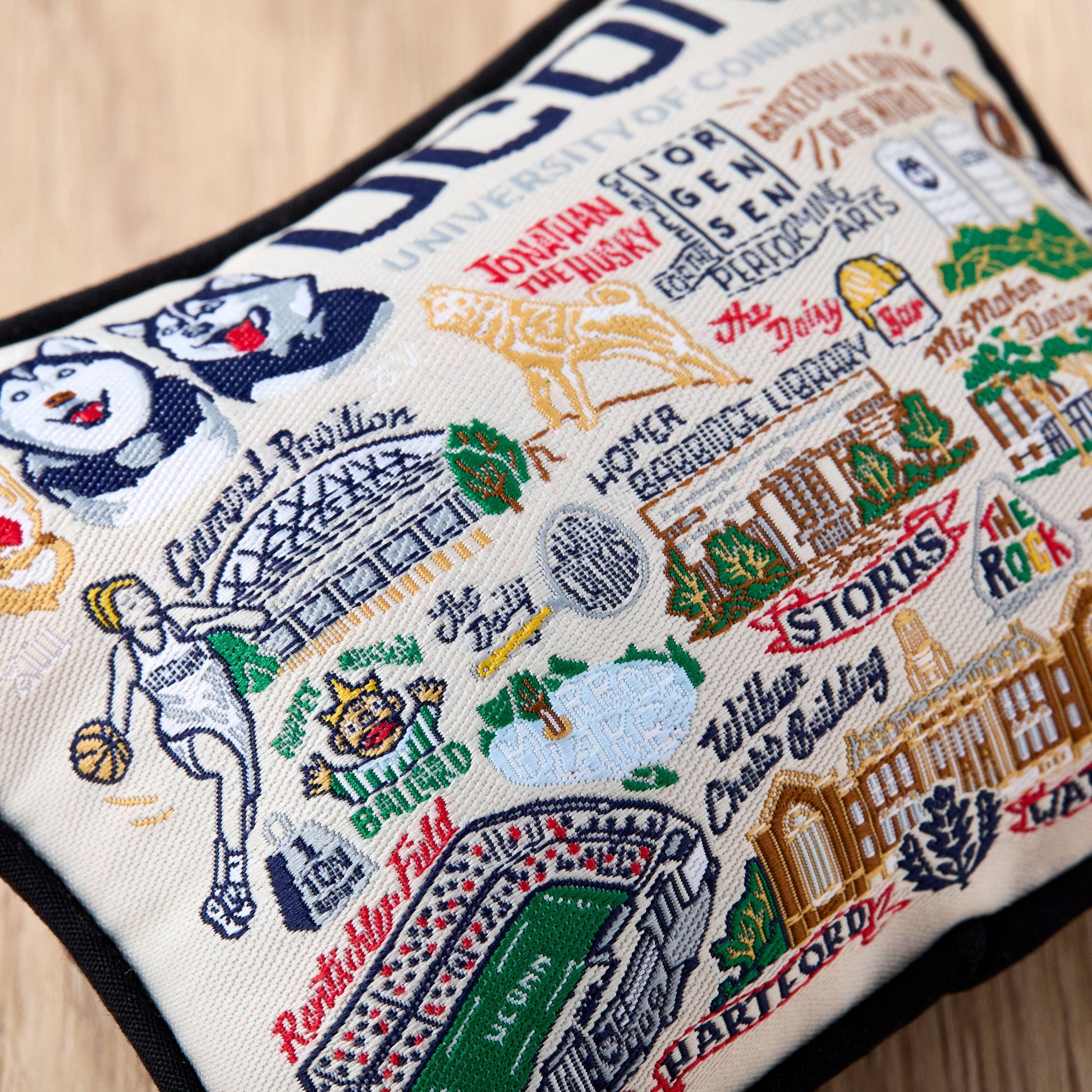 Mellow Monkey University of Connecticut woven mini pillow ornament featuring detailed embroidered campus landmarks
