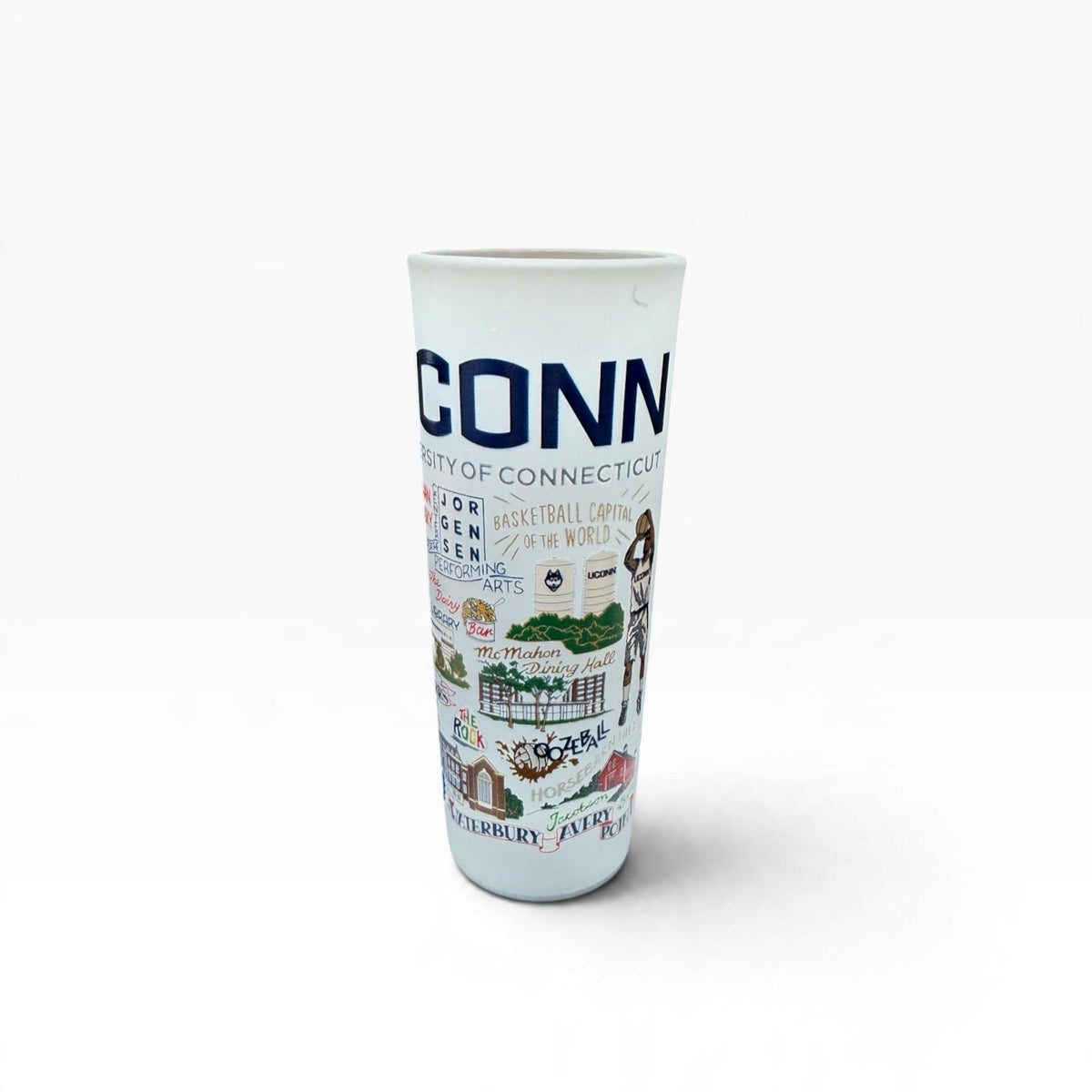 Mellow Monkey Catstudio University of Connecticut 2-oz shot glass with colorful illustrated campus landmarks