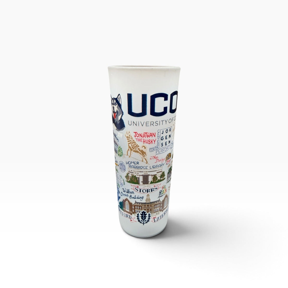 Mellow Monkey Catstudio UCONN 2-oz frosted glass shot glass featuring colorful University of Connecticut illustrations