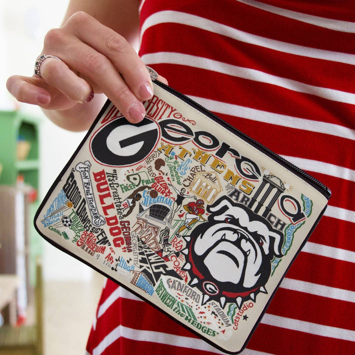 Mellow Monkey University of Georgia zip pouch featuring a woven Bulldog mascot and campus landmarks on poly fabric.