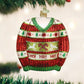 Mellow Monkey 4-inch blown glass ornament shaped like a festive red and green ugly Christmas sweater with reindeer and candy canes.
