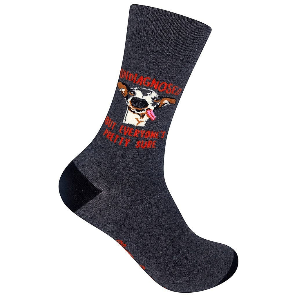 Mellow Monkey gray cotton blend socks featuring a derpy dog graphic and the text Undiagnosed but everyone is pretty sure