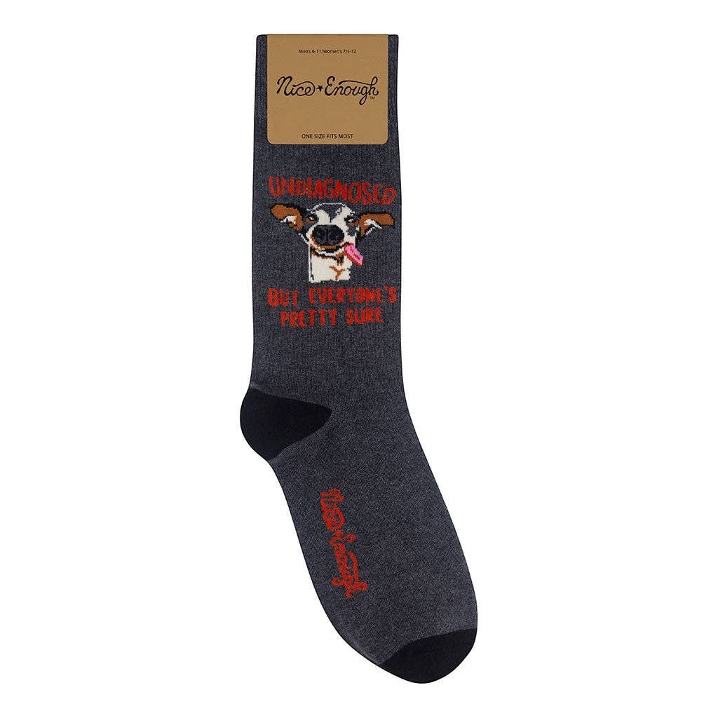 Mellow Monkey gray cotton novelty socks featuring a derpy dog and the text Undiagnosed but everyone is pretty sure