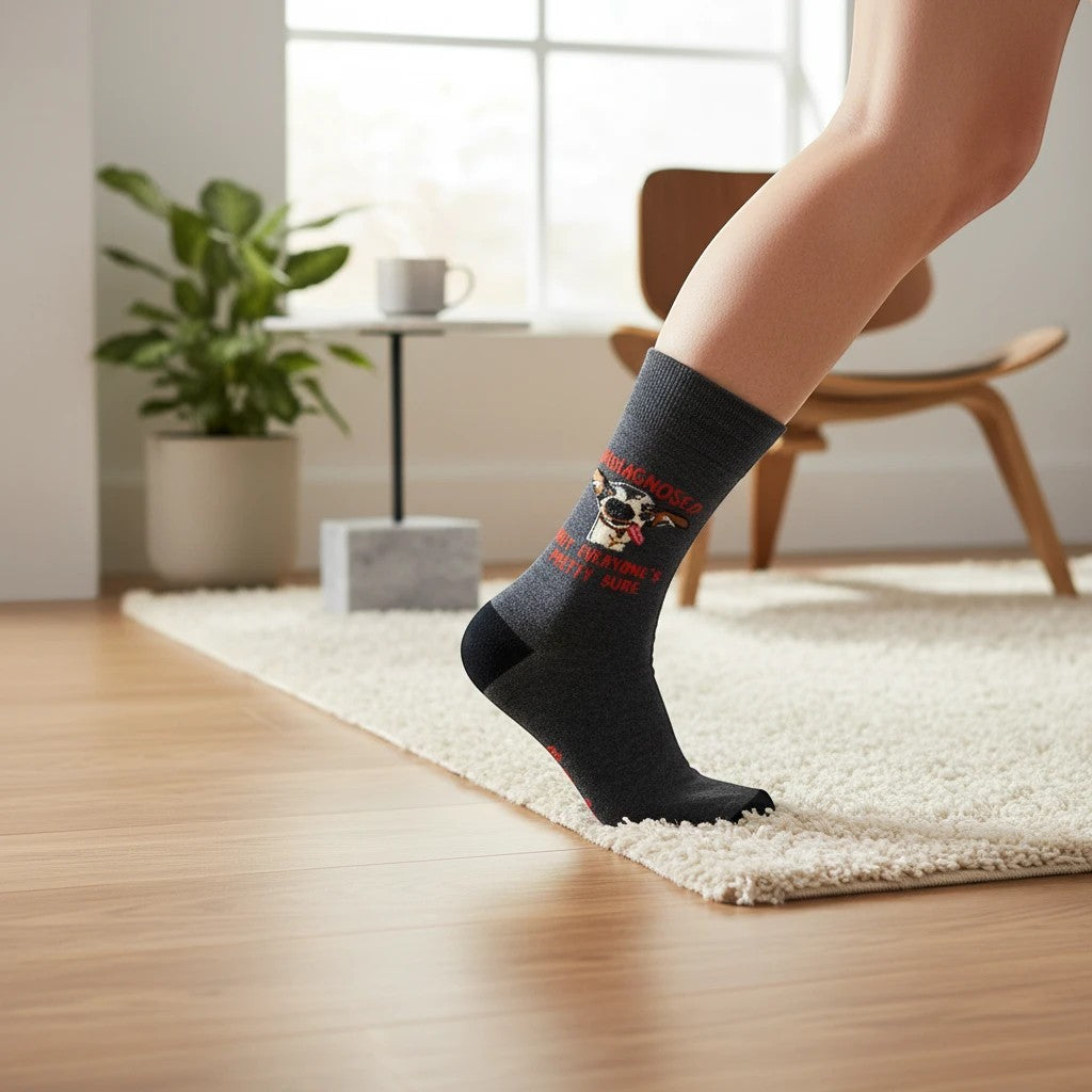 Mellow Monkey gray novelty socks featuring a derpy dog and the text Undiagnosed but everyone is pretty sure
