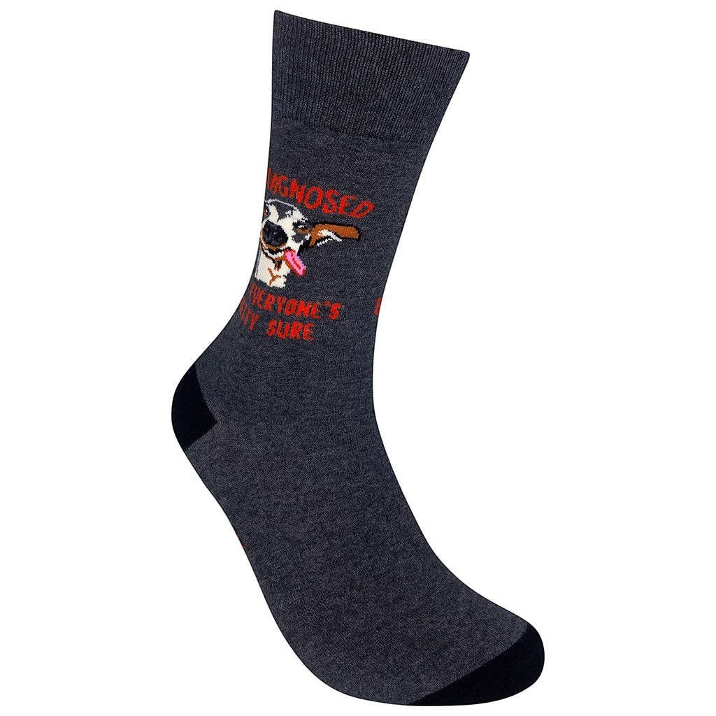 Mellow Monkey gray novelty socks featuring a derpy dog and the text Undiagnosed but everyone is pretty sure