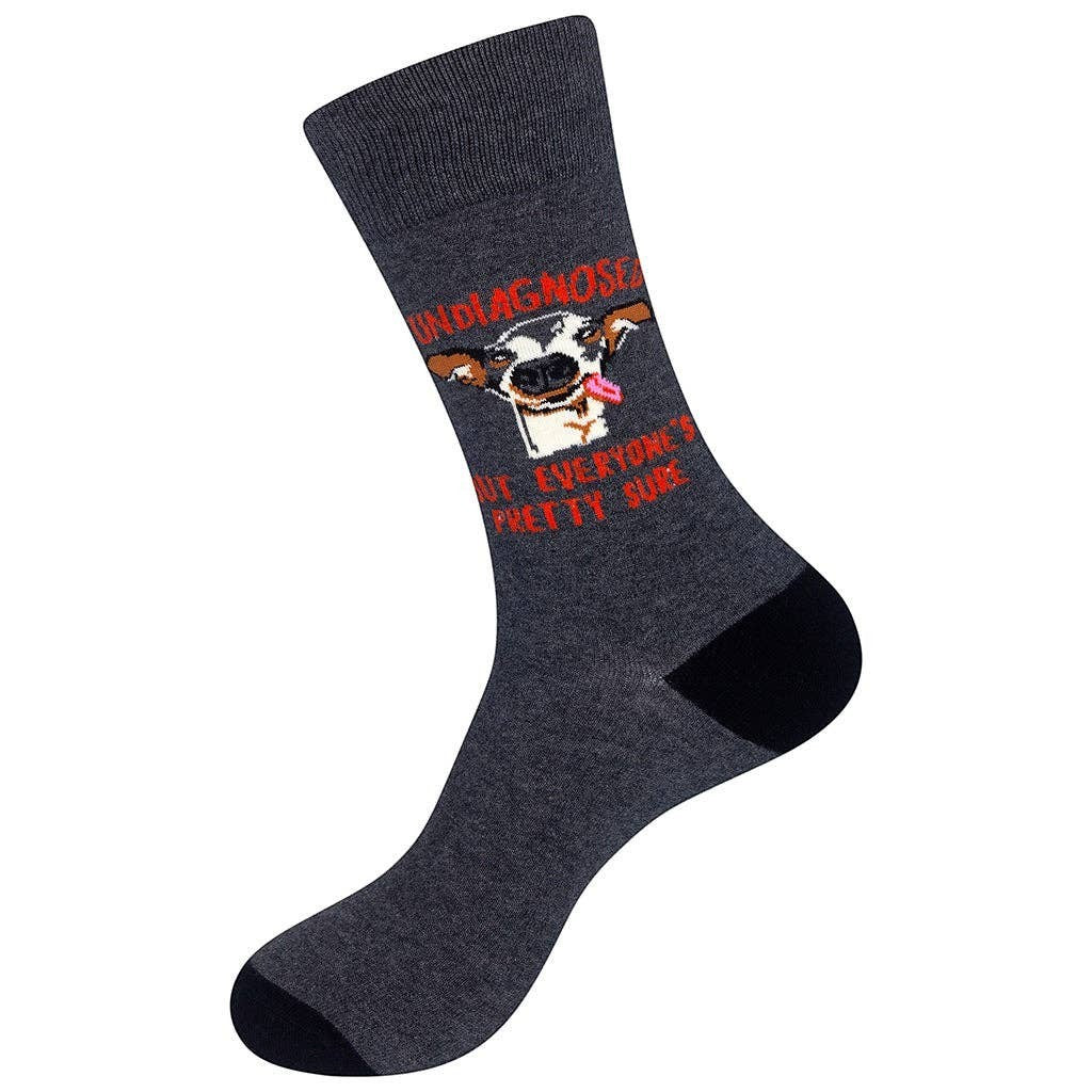 Mellow Monkey gray novelty socks featuring a derpy dog illustration and the text Undiagnosed but everyone is pretty sure