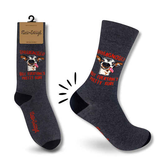 Mellow Monkey gray novelty socks featuring a derpy dog and the text Undiagnosed but everyone's pretty sure