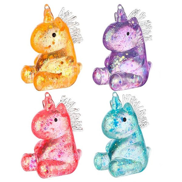 Mellow Monkey Unicorn Sugar Squishers in orange, purple, pink, and blue with glittery, translucent sensory textures.