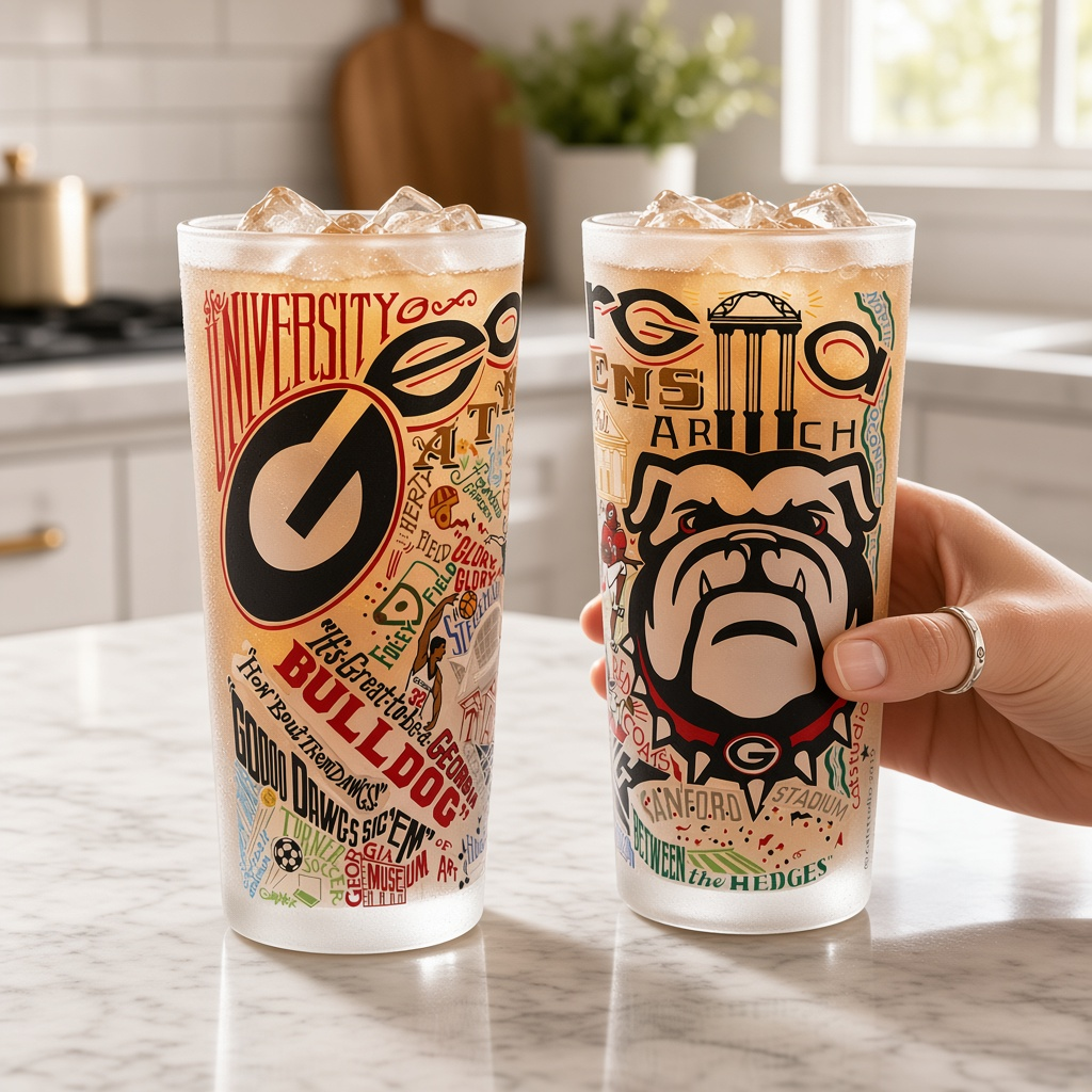 Mellow Monkey University of Georgia collegiate 15 oz drinking glasses with vibrant hand-applied graphic artwork.