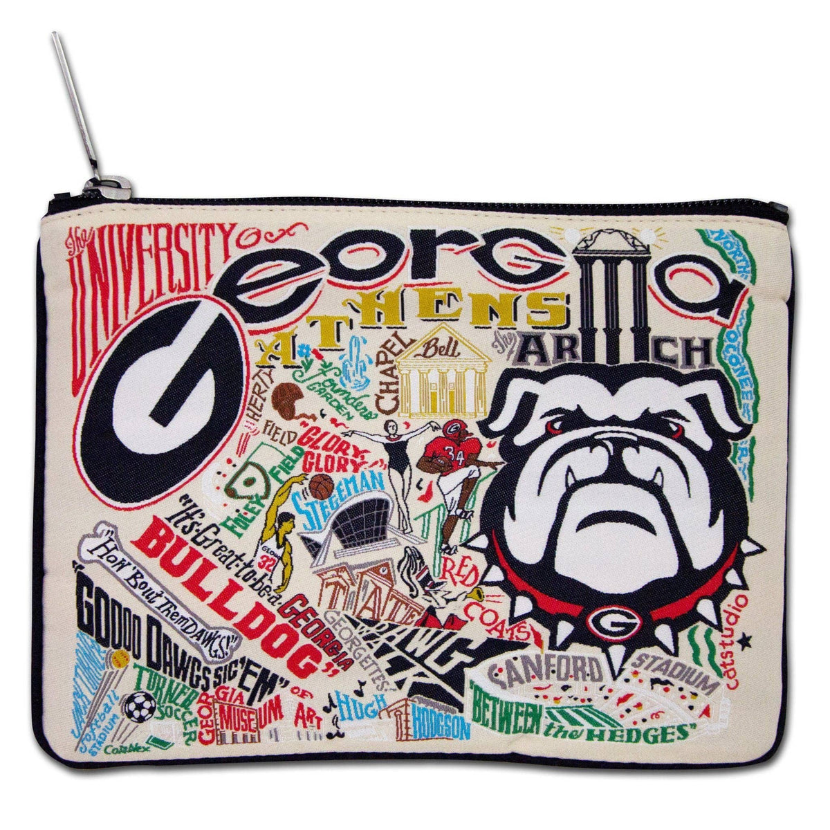 Mellow Monkey University of Georgia zip pouch featuring woven UGA bulldog graphics and campus landmarks on poly fabric.