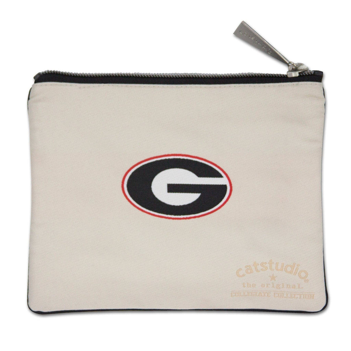 Mellow Monkey University of Georgia zip pouch in cream polyester with a woven red and black G logo