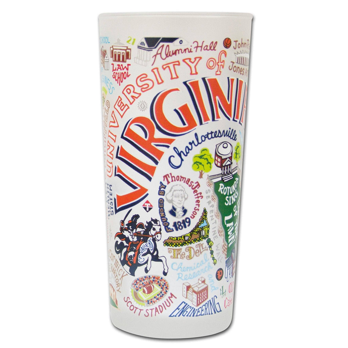 Mellow Monkey University of Virginia 15-ounce drinking glass featuring colorful hand-applied collegiate illustrations.