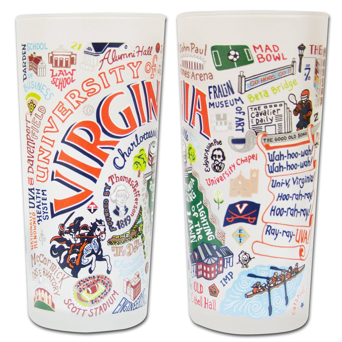 Mellow Monkey University of Virginia 15-ounce drinking glass set featuring vibrant hand-applied collegiate illustrations