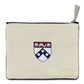 Mellow Monkey University of Pennsylvania woven zip pouch with crest and silver zipper pull. Beige polyester.