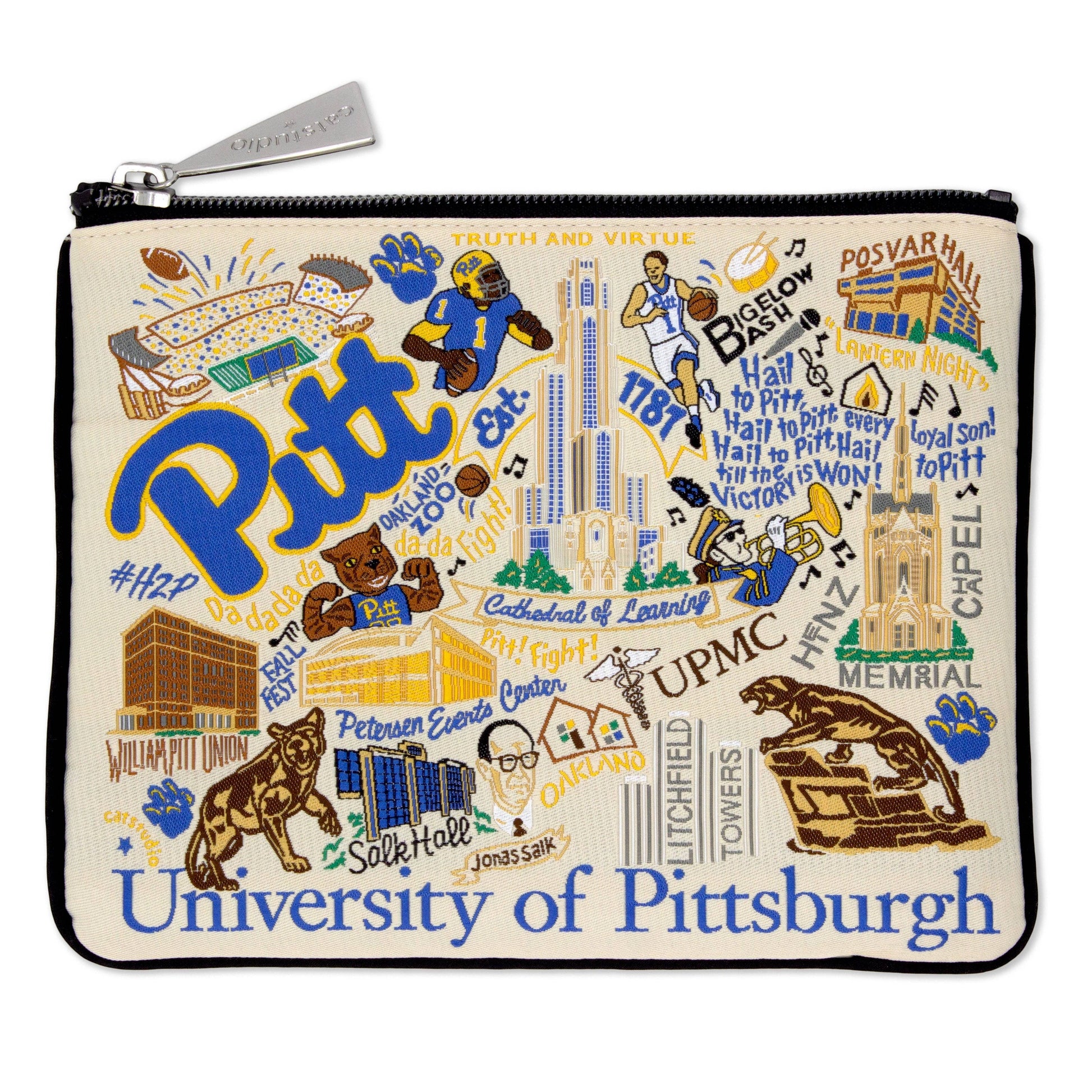 Mellow Monkey University of Pittsburgh woven zip pouch with collegiate artwork, metallic thread, and custom zipper pull.