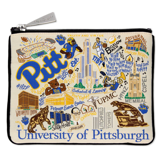 Mellow Monkey University of Pittsburgh woven zip pouch with collegiate artwork, metallic thread, and custom zipper pull.