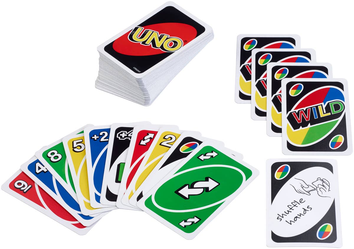 Mellow Monkey UNO card game deck with colorful number, action, and wild cards spread out for family play.