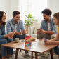 Mellow Monkey UNO card game box on a wooden table with four friends laughing and playing together in a living room