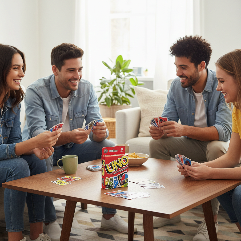 Mellow Monkey UNO card game box on a wooden table with four friends laughing and playing together in a living room