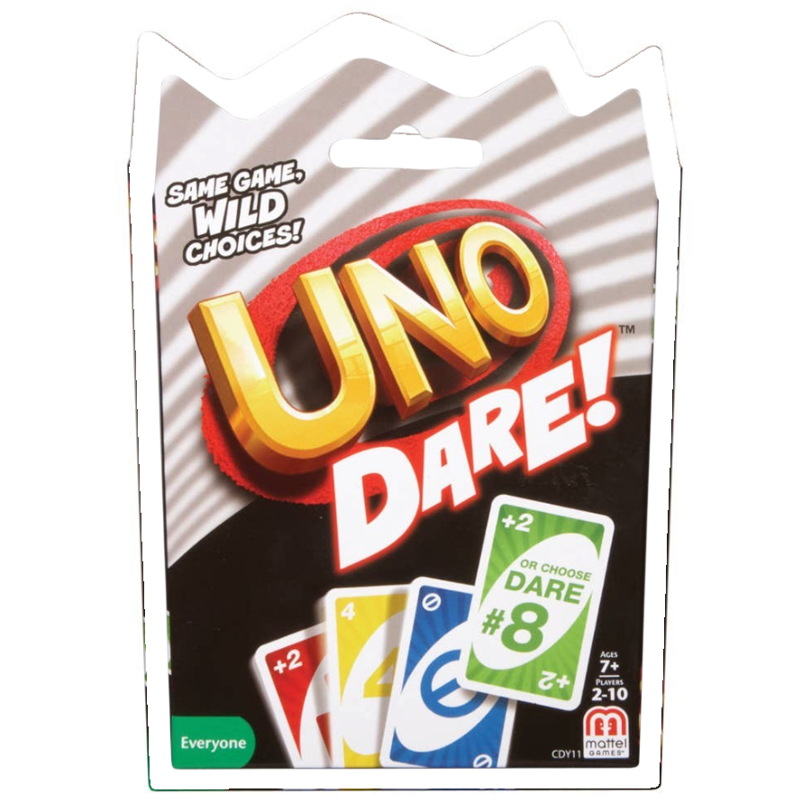 Mellow Monkey UNO Dare card game packaging featuring colourful playing cards and game instructions for ages 7 and up.