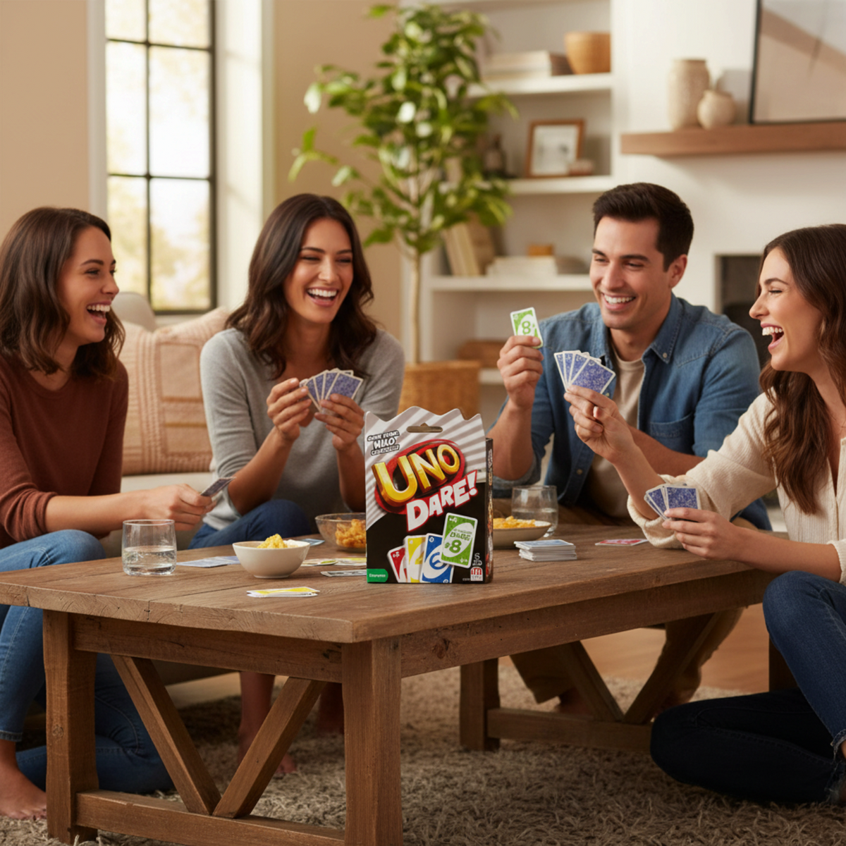 Mellow Monkey UNO Dare card game box on a wooden table with a group of friends laughing and playing in a living room.