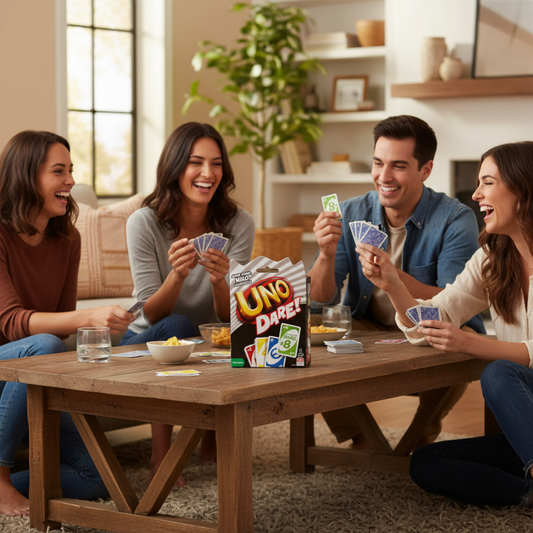 Mellow Monkey UNO Dare card game box on a wooden table with a group of friends laughing and playing in a living room.