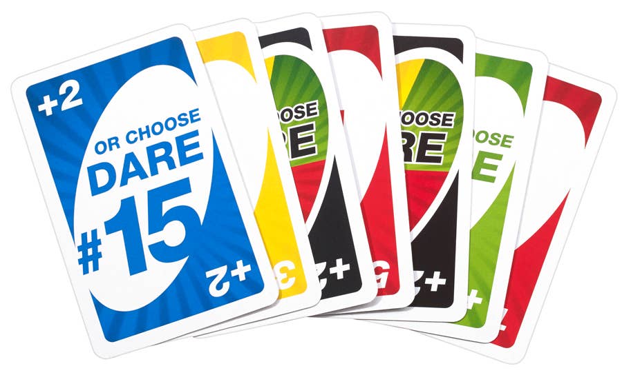 Mellow Monkey UNO Dare card game featuring colorful action cards with draw two or dare options for family fun